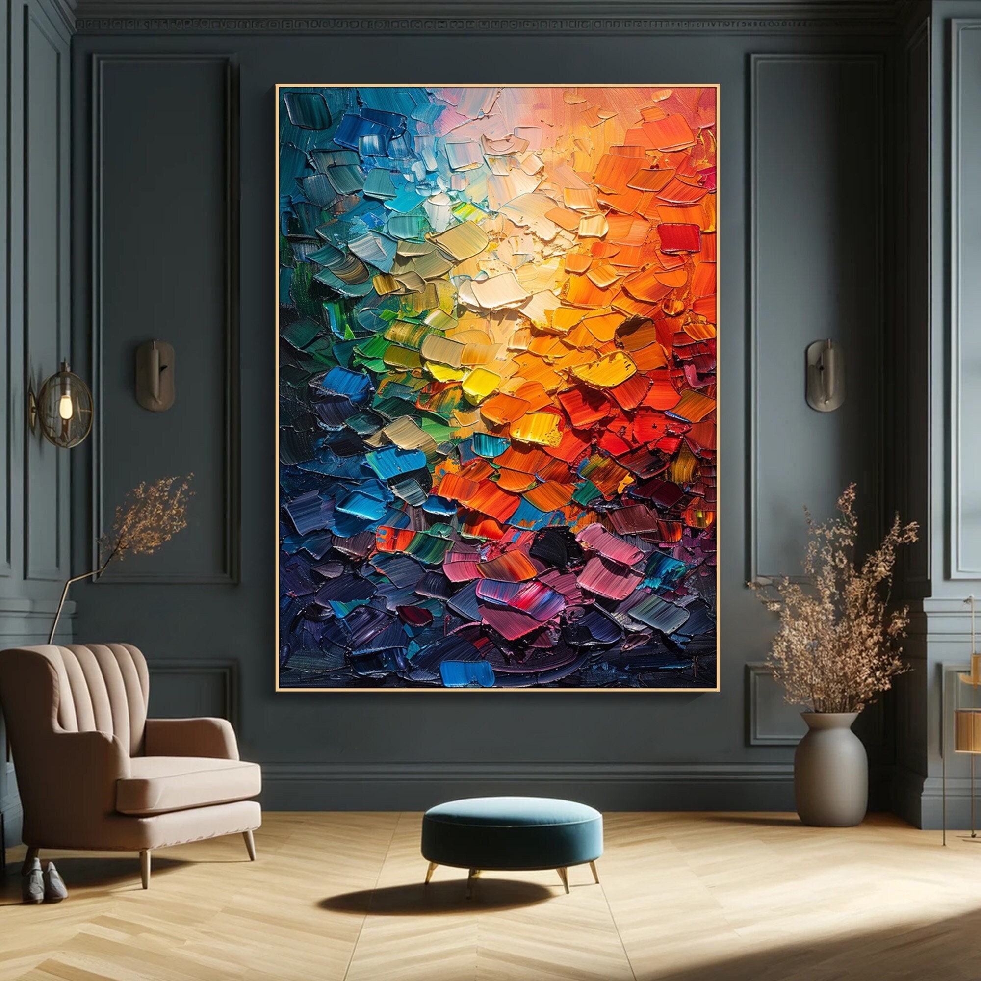 Vibrant Abstract Impasto Painting on Canvas Multicolored Textured Wall Art Luxurious Modern Expressionist Palette Knife Living Room Wall Art