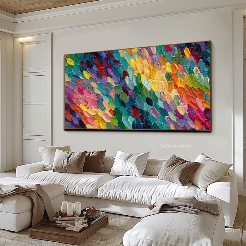 Colorful Abstract Oil Painting on Canvas Large Horizontal Textured Wall ...