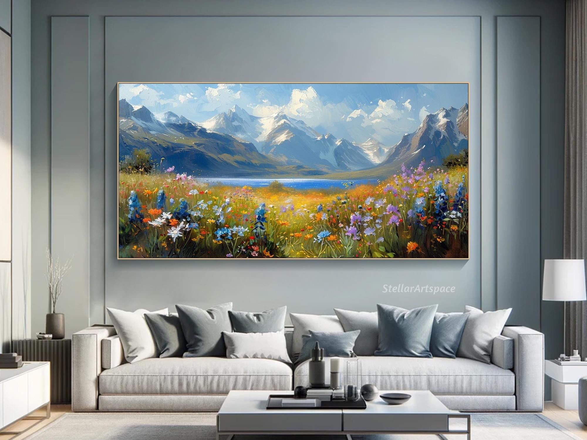 Mountain Wildflower Painting on Canvas: Textured Snow-Capped Peaks Art