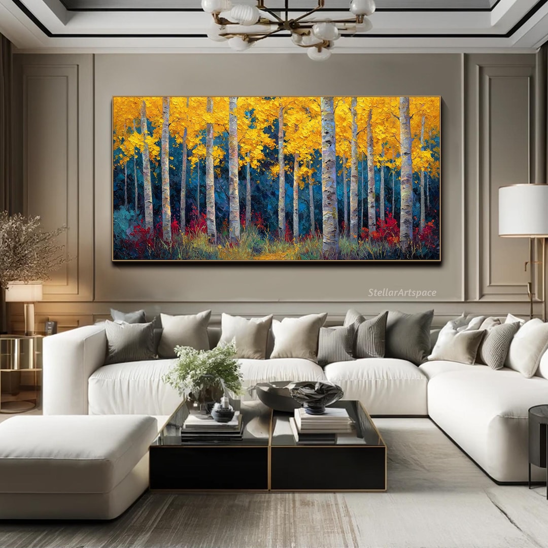 Autumn Birch Tree Textured Wall Art Large Aspen Forest Oil Painting ...