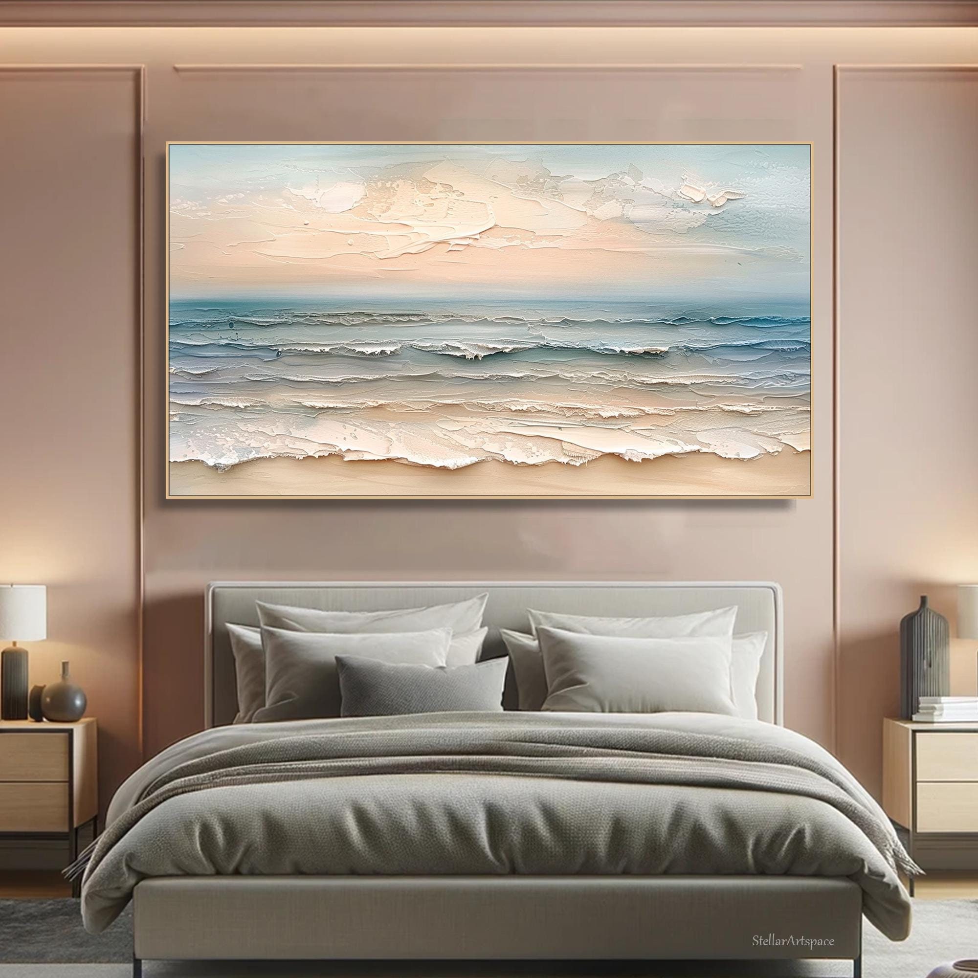 Abstract Ocean Waves Painting on Canvas Hand-Painted Coastal Textured Canvas Art Large Beach Wall Decor Custom Seascape Art Framed Wave Art