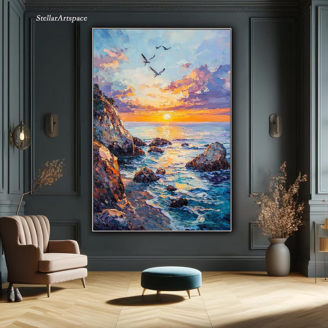 Sunset Ocean Cliff Painting on Canvas Original Coastal Landscape ...