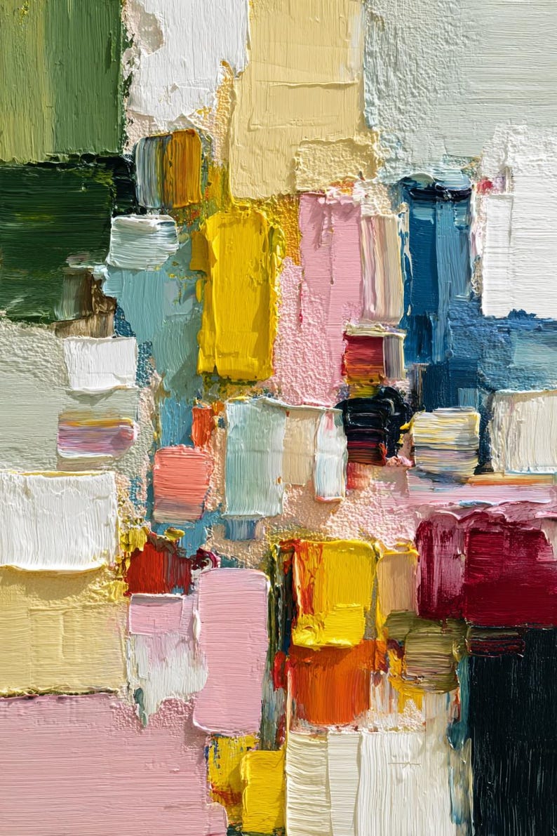 May include: Abstract oil painting with a textured surface. The artwork features a vibrant palette of colors, including yellow, pink, blue, green, and white, applied in thick brushstrokes. The composition is a close-up view of the painted surface.