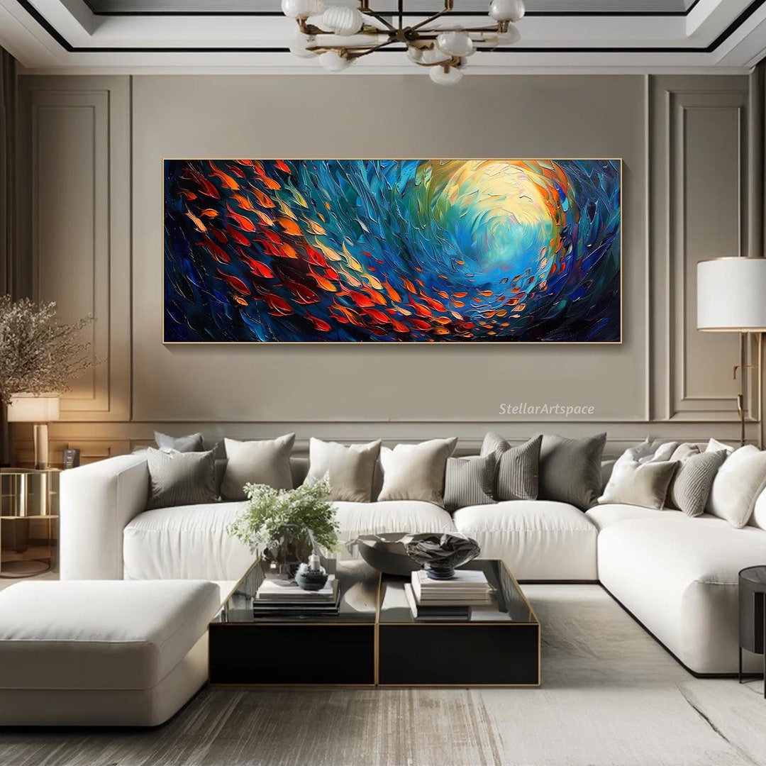 Fish Swarm Oil Painting on Canvas 3D Ocean Texture Wall Art Vibrant ...
