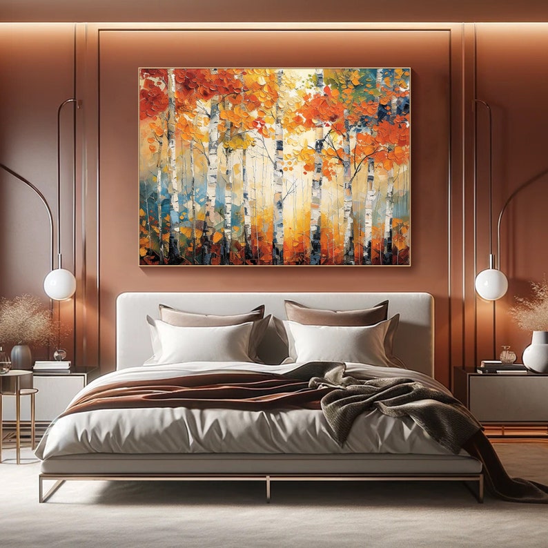 Autumn Painting on Canvas 3D Birch Trees Textured Wall Art Vibrant Fall