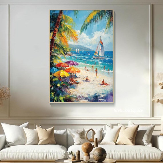 Textured Beach Painting on Canvas: Coastal Seaside Artwork