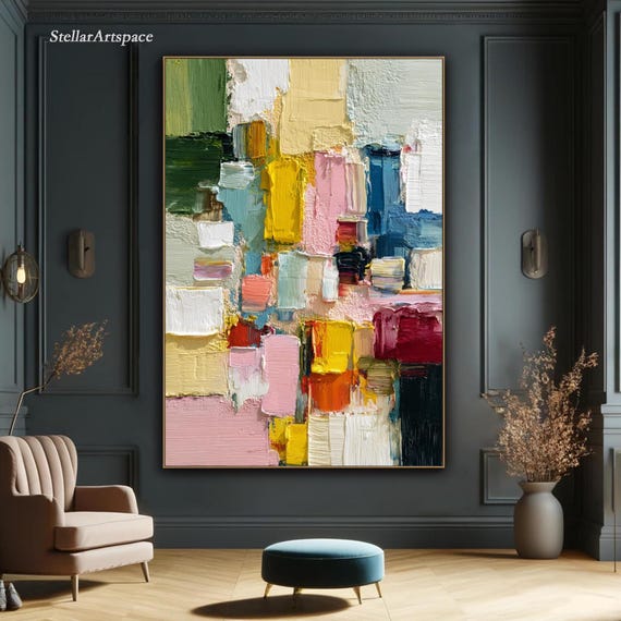 Color Block Abstract Oil Painting on Canvas Thick Texture Impasto Wall Art Modern Contemporary Canvas Minimalist Vibrant Palette Knife Art