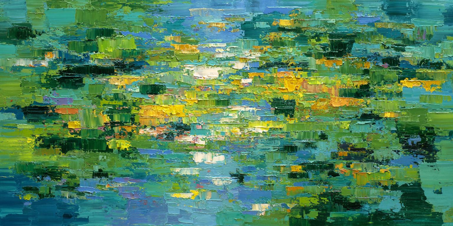 抽象的な自然の質感のある壁アート、緑と青の風景の油絵、キャンバスに
