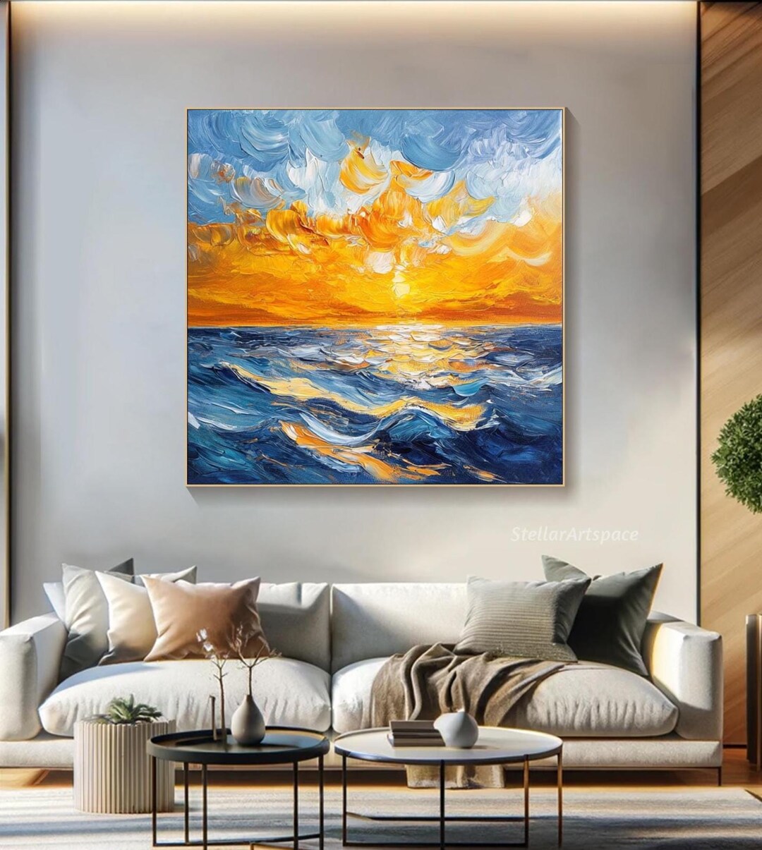 Original Sunset Ocean Oil Painting on Canvas 3D Textured Impasto ...