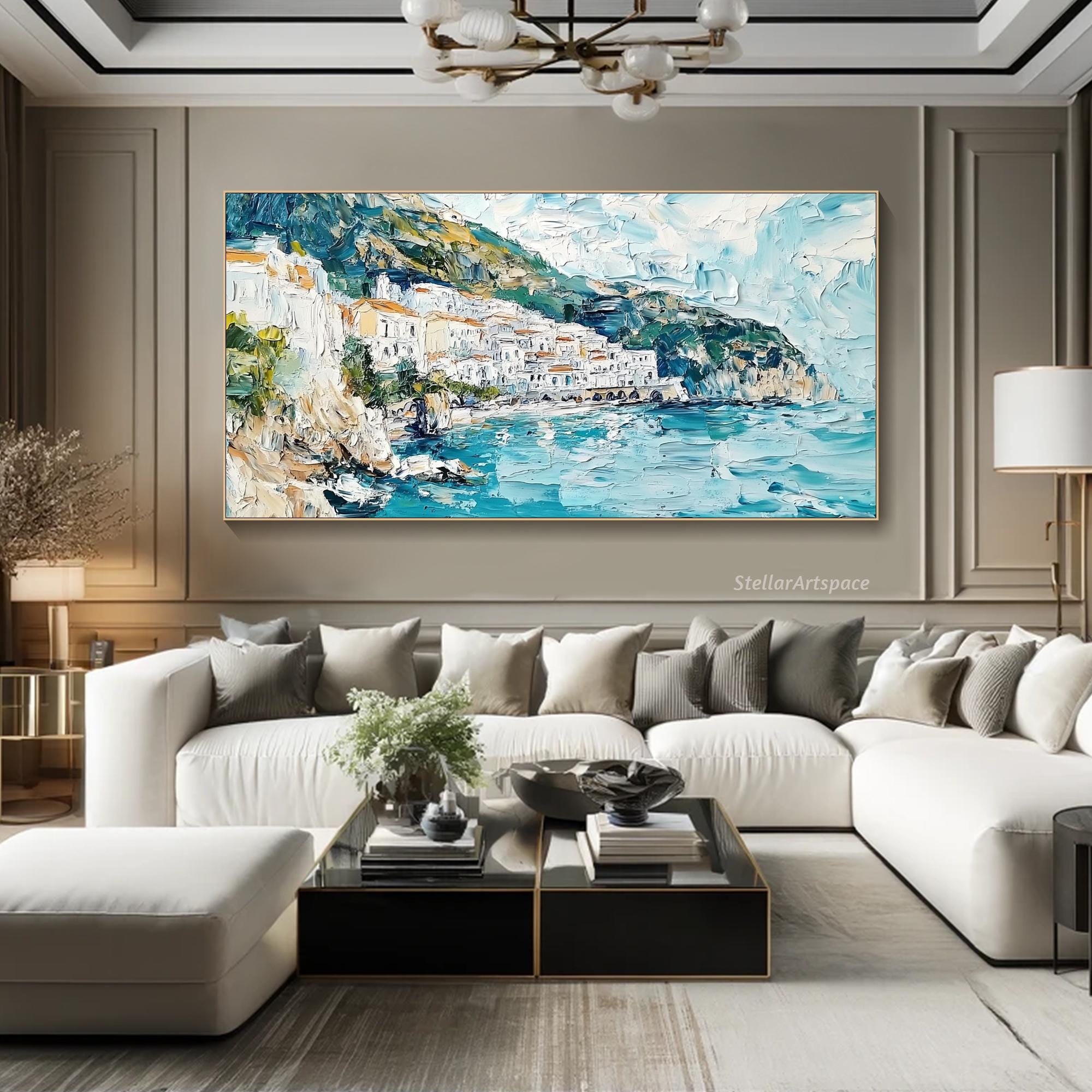 3D Mediterranean Textured Wall Art Amalfi Coast Painting On Canvas Coastal Landscape Artwork Large Seascape Painting Office Wall Decor