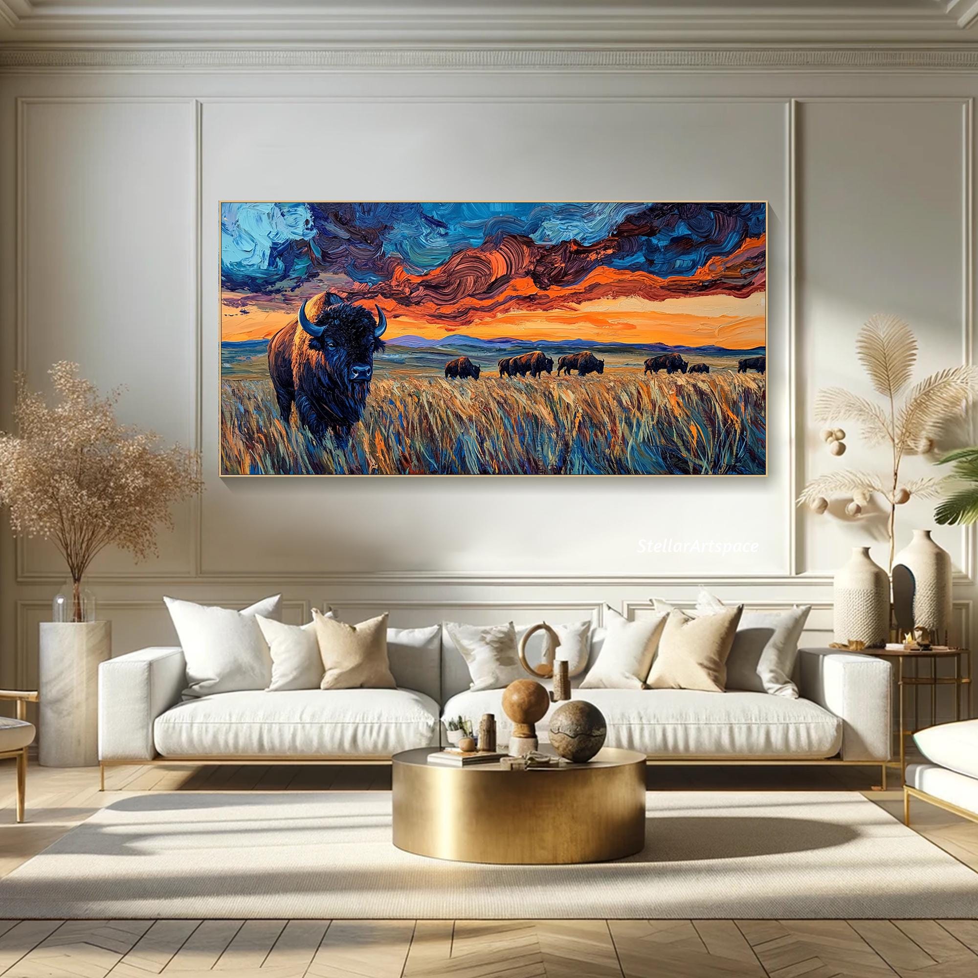 Original Oil Painting on Canvas 3D Textured Wall Art Bison Herd Against ...