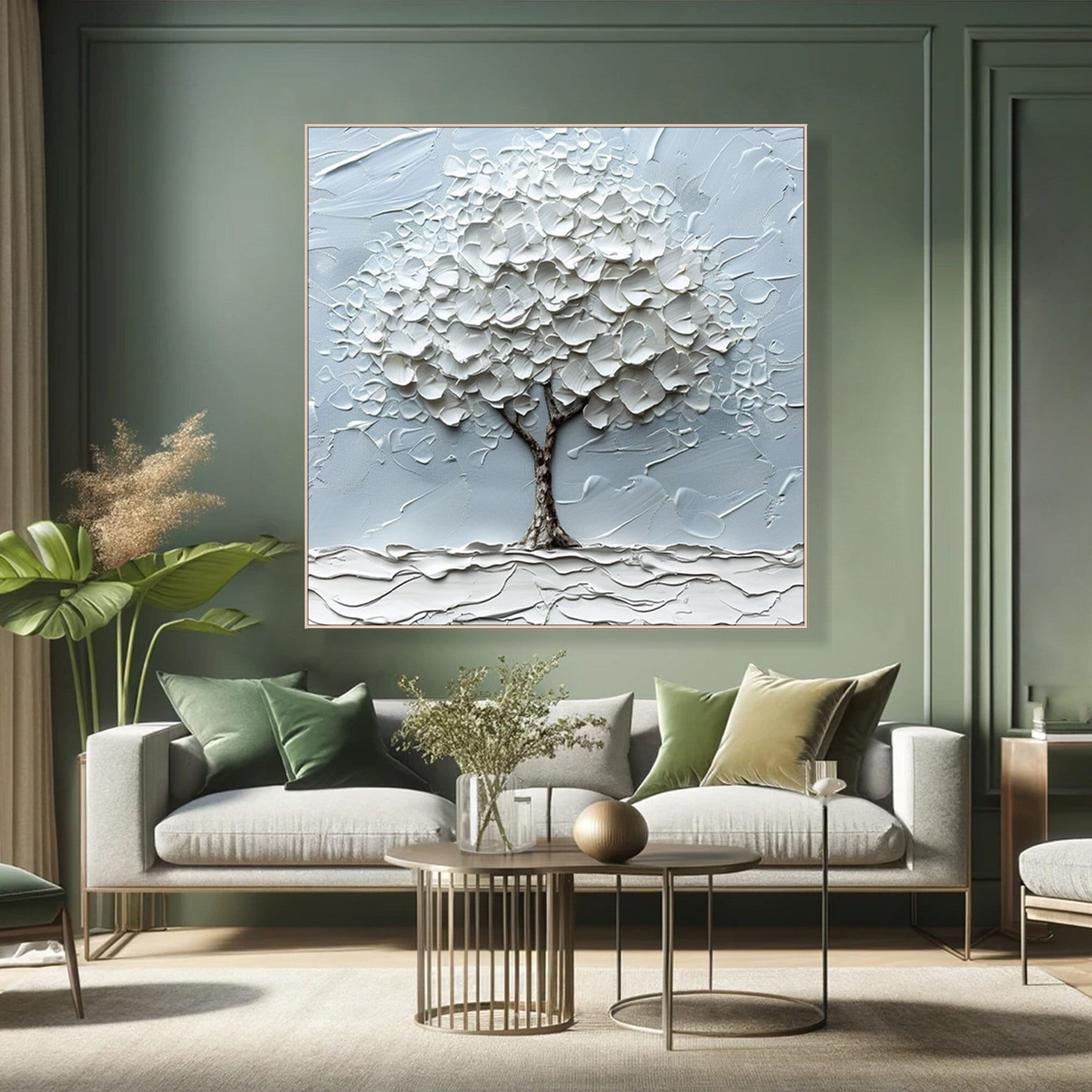 White Tower Tree Oil Painting on Canvas Elegant Abstract Tree Texture Wall Art Unique Tree Living Room Decor Custom Over Sofa Decor