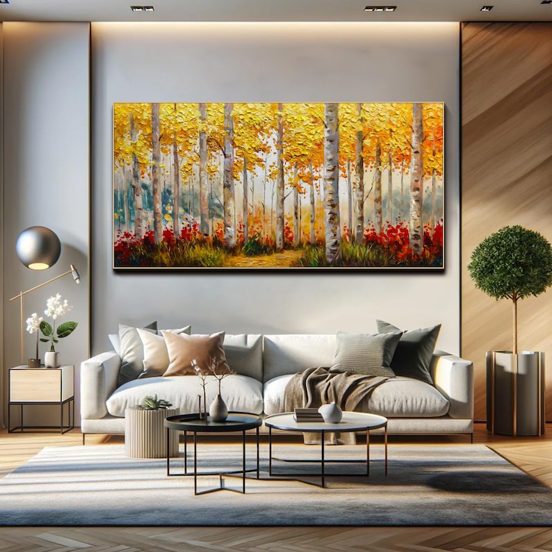 Autumn Birch Forest Painting on Canvas Textured Wall Art Golden Tree ...