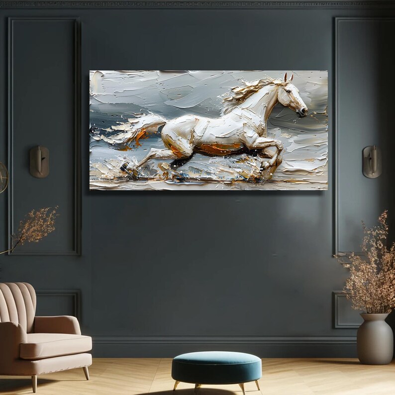 Majestic White Horse Oil Painting Modern Textured Horse Canvas 3D Horse ...