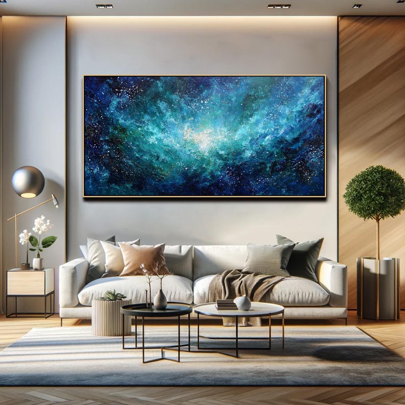 Cosmic Night Sky Textured Wall Art Original Blue Galaxy Oil Painting on ...