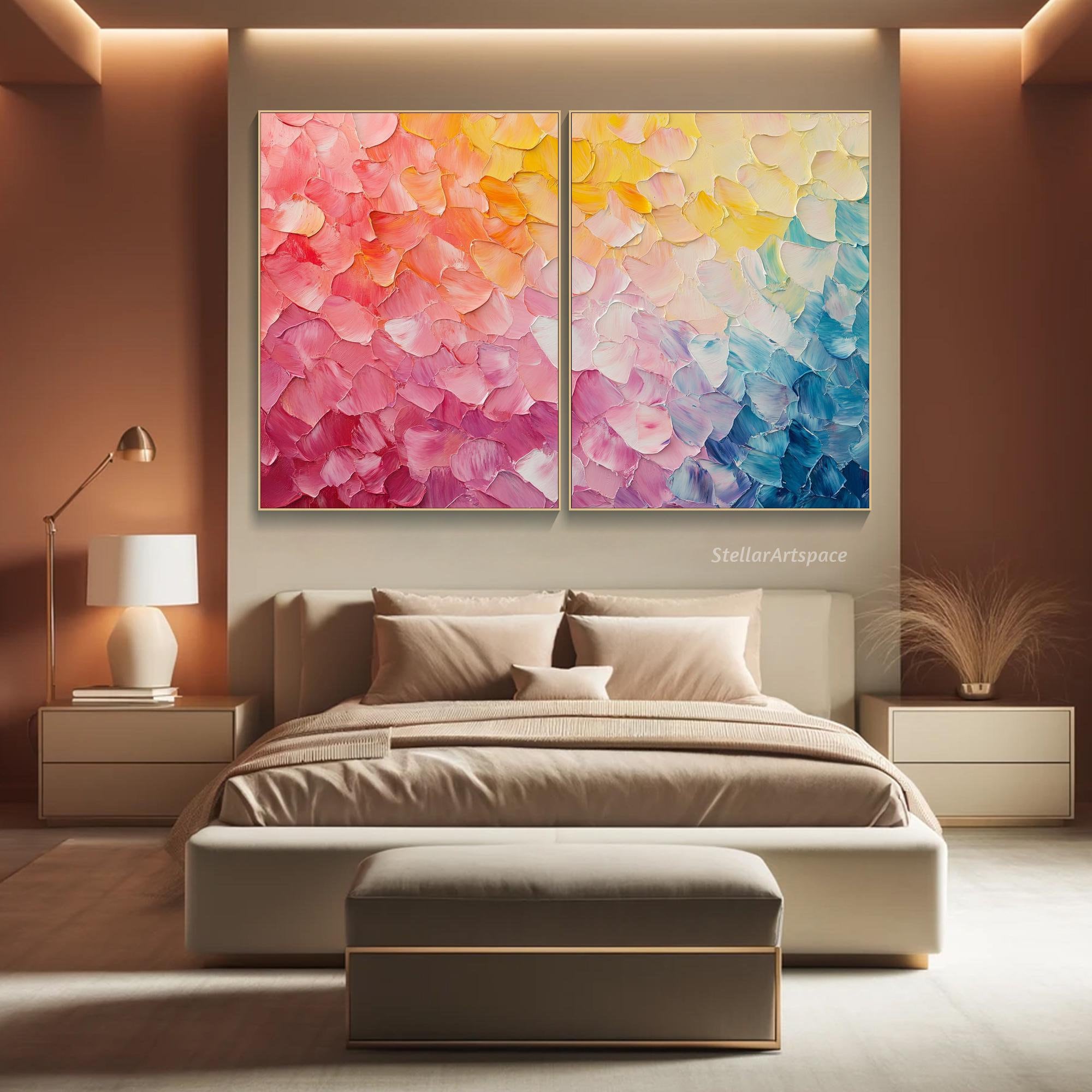 Vibrant Abstract Leaf Textured Wall Art Dual Panel Oil Painting on Canvas Diptych Large Colorful Wall Art a set of 2 Living Room Wall Art