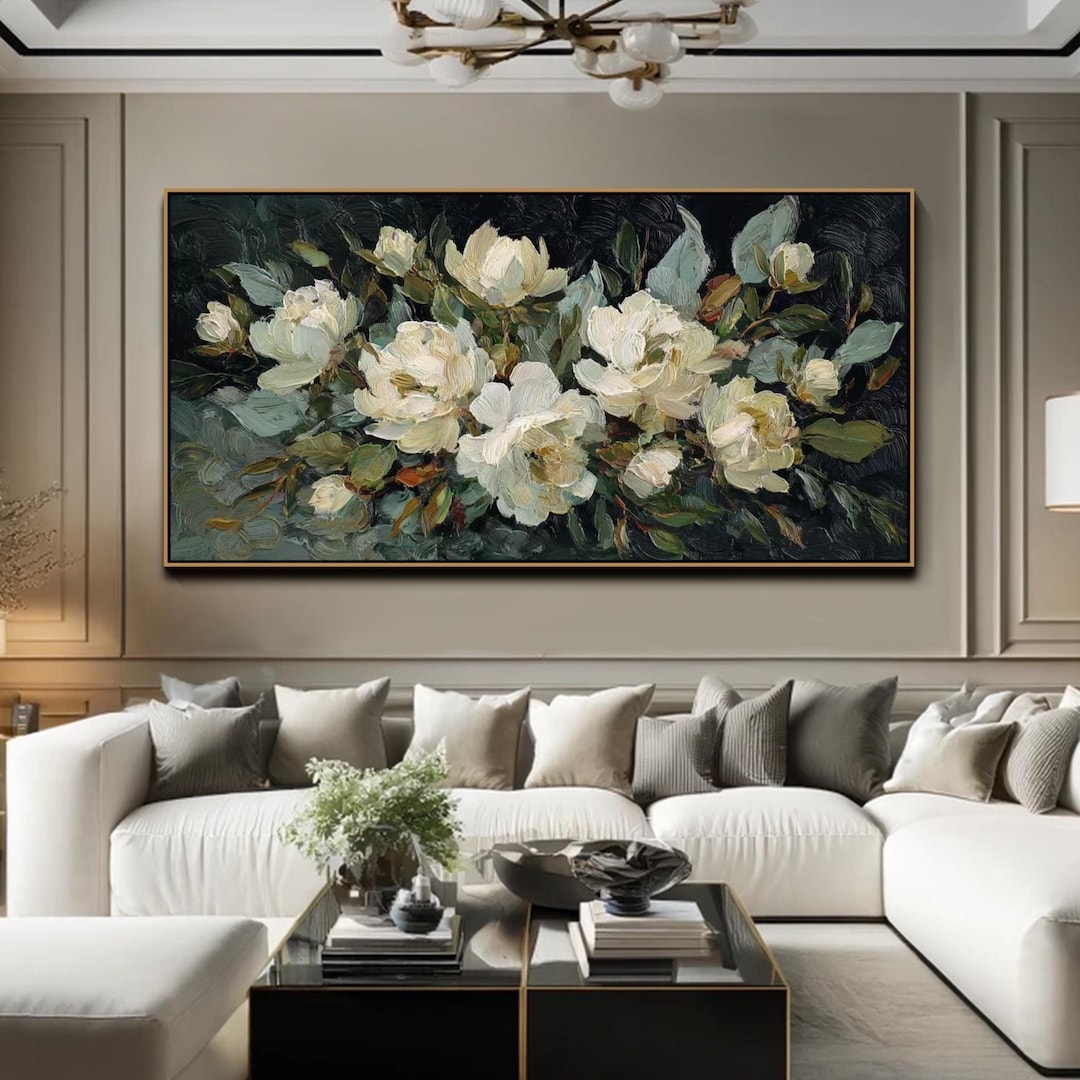 Large Sage Green Floral Textured Wall Art 3D Abstract Impasto Flower ...