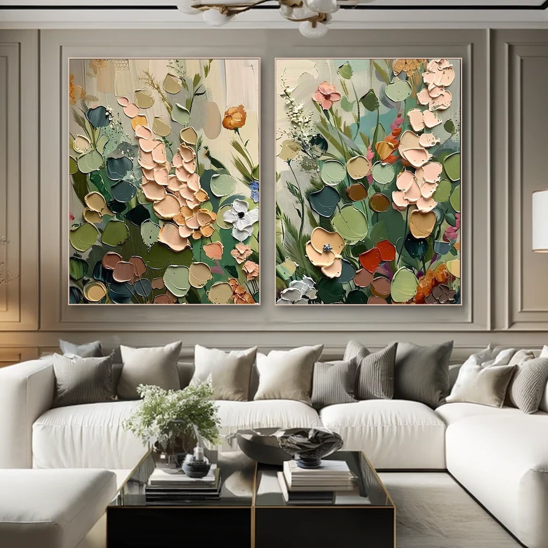 Floral Painting on Canvas 3D Impasto Textured Wall Art Vertical Diptych ...