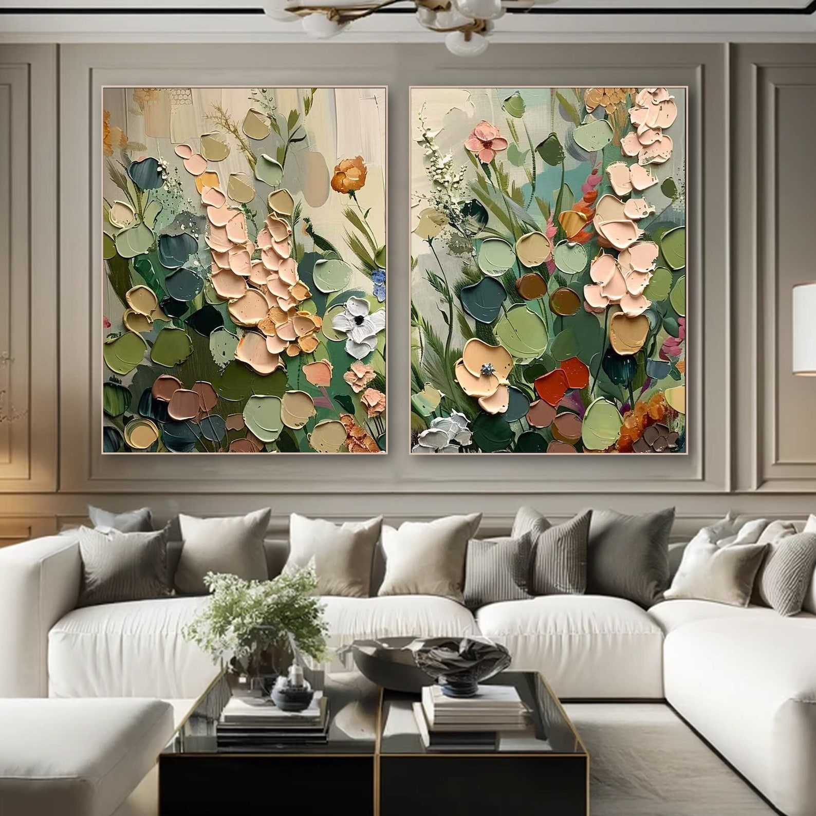 Floral Painting on Canvas 3D Impasto Textured Wall Art Vertical Diptych ...