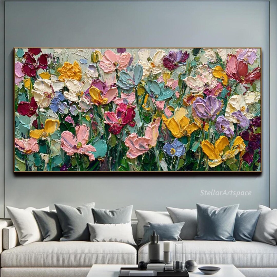 Original Pink Yellow Purple Flower Texture Wall Art Painting on Canvas ...