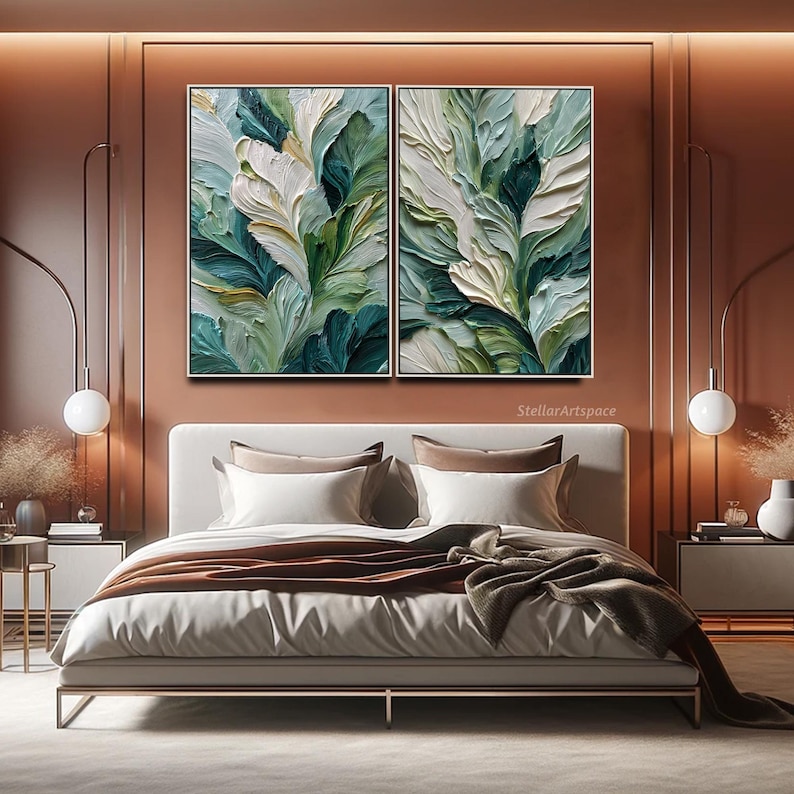Photo inspiration: Texture Wall Art Statements Reference: Forest Leaf Diptych Texture Wall Art Botanical Oil Painting On
