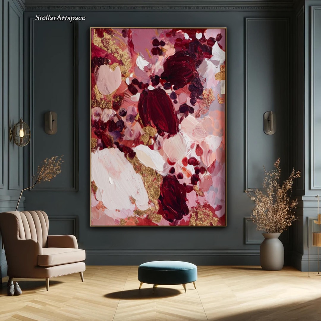 Painting on Canvas Abstract Floral Wall Art Elegant Pink Crimson and ...