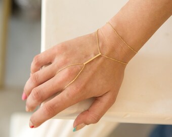 Minimalist Hand Chain Bracelet for Her, Summer Jewelry, Real 14k Gold, Handmade Finger Bracelet, Slave Chain Link, Body Women Accessory