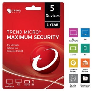 Könnte beinhalten: Rote Trend Micro Maximum Security Karte. Sie zeigt das Logo der Marke, den Text „Maximum Security“ und Symbole für PC, Mac, Android und iOS Geräte. Sie bietet Schutz für 5 Geräte für 3 Jahre.