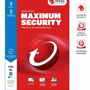 Op de afbeelding: Rode en witte productverpakking voor Trend Micro Maximum Security-software. De verpakking toont een rode cirkel met een witte 'T' erin. De tekst 'Trend Micro' en 'Maximum Security' staat in wit op een rode achtergrond. De verpakking bevat ook een lijst met apps die bij de software zijn inbegrepen, zoals 'Maximum Security', 'Mobile Security' en 'Password Manager'.