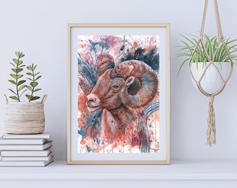 Ram Wall Art Mountain Decor Bighorn Sheep Art Print Abstrait Animal Wall Decor Wildlife Peinture Impressionniste Salon Art Randonneur Cadeau