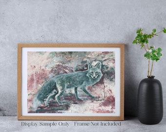 Abstract Fox Painting Wildlife Wall Decor Woodland Forest Living Room Art Print Colorful Horizontal Art Print Zen Wall Art Sage Green Decor