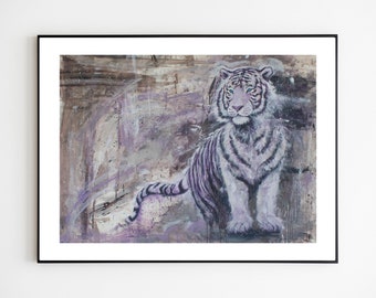 Impression d'Art tigre blanc Art mural lilas Decor Safari Oeuvre d'art impressionniste pastel Art mural jungle Impression animalière Art grand félin Cadeau pour amoureux des chats