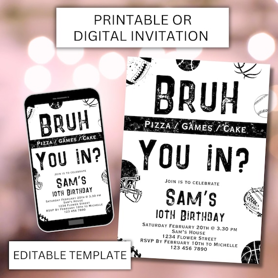 Editable Football Invite Template Boys Bruh Invitation Teenage Birthday Tween Sports Invite Canva Football Template Digital Baseball Basketb