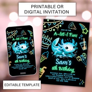 Boy Axolotl Template Neon Glow Boy Axolotl Digital Invite Editable Canva Template Axolotlcute Boy Axolotl Customizable Alotl Fun Birthday