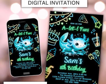 Boy Axolotl Template Neon Glow Boy Axolotl Digital Invite Editable Canva Template Axolotlcute Boy Axolotl Customizable Alotl Fun Birthday