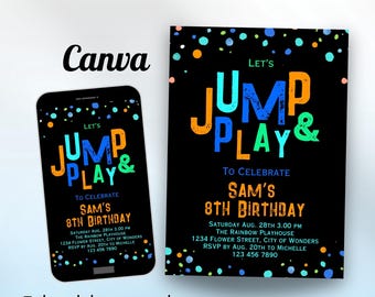 男の子用トランポリンパークの誕生日招待状 男の子用遊び場の誕生日ジャンプタンブルバウンス屋内プレイハウスネオン誕生日招待編集可能なCanva招待状