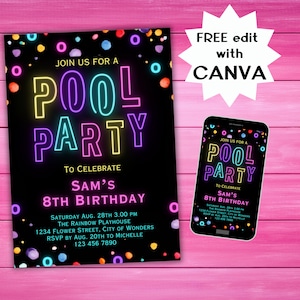 Neon Glow Pool Party Birthday Invitation Girls Pink Purple Summer Invite Glow Pool Party Canva Swim Party E-vite birthdayinvitation E-vite