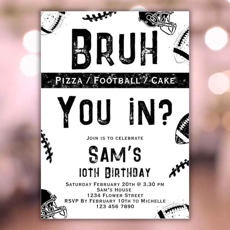 Canva football template
birthdayinvitation
boy basketball invit
sporting party
minimalistic sport
teenage birthday
editable template
sport party invite
bruh invitation boys
boy football Invite
nfl birthday invite
nfl invitation
Tween Sporting
