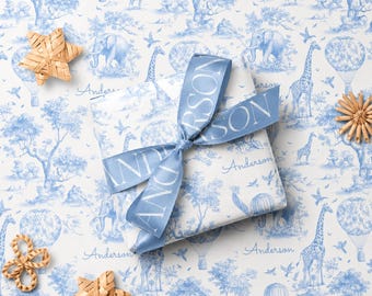 Blue Toile Safari Personalized Gift Wrapping Paper Baby Shower Giftwrap Custom Name Giftwrap Boy Baby Gift Personalizedwrap Toile Wrapping