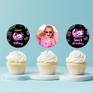 Cute Axolotl Cupcake Topper Template Neon Axolotl Party Decor Canva Template Axolotlcute Girl Axolotl Decoration Neon Glow Personalized