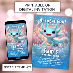 Boy Axolotl Birthday Invite Neon Glow Boy Axolotl Party Digital Invite Editable Canva Template Axolotlcute Customizable Alotl Fun cuteaxolot