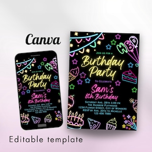 Neon Lights Birthday Invite Lets Party invitation Glow Party Neon Birthday Invitation Editable Canva Template Any Age girle birthday party