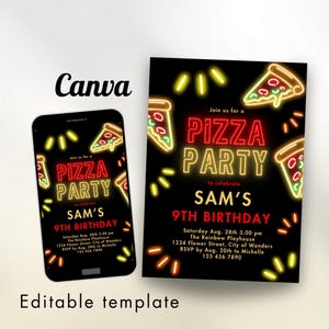 Modello di invito per festa di compleanno con pizza, invito digitale modificabile per festa di pizza per ragazzi, tema pizza al neon per ragazze, invito al neon per bambini, compleanno con pizza