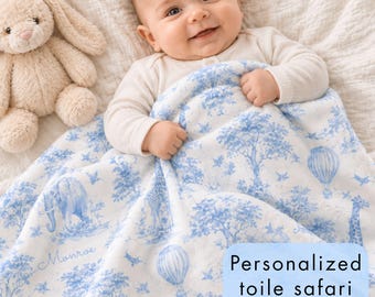 Blue Toile Safari Blanket Personalized Baby Shower Gift Idea Custom Newborn Name Blanket New Baby Gift Idea Nursery Decor Boy Baby Keepsake