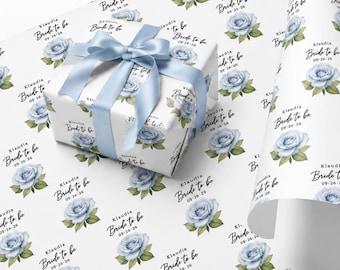Bridal Shower Wrapping Paper Rolls White Rose Watercolor Personalized Gift Custom Text Bride Wrap Dusty Blue Rose Wedding Engaged Giftwrap