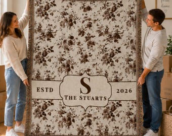 Personalized Throw Blanket Wedding Gift Anniversary Present Housewarming Celebration Custom Monogram Last Name Floral Toile Chocolate Brown