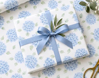 Blue Hydrangea Gift Wrapping Paper Personalized Floral Wedding Present Elegant Watercolor Flower Gift Packaging Luxury Wrap Bridal Shower