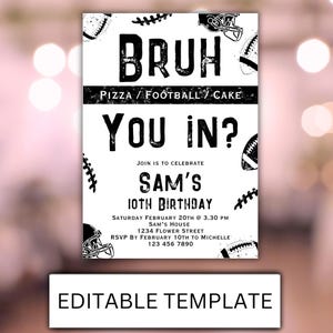 Canva football template
birthdayinvitation
boy basketball invit
sporting party
minimalistic sport
teenage birthday
editable template
sport party invite
bruh invitation boys
boy football Invite
nfl birthday invite
nfl invitation
Tween Sporting