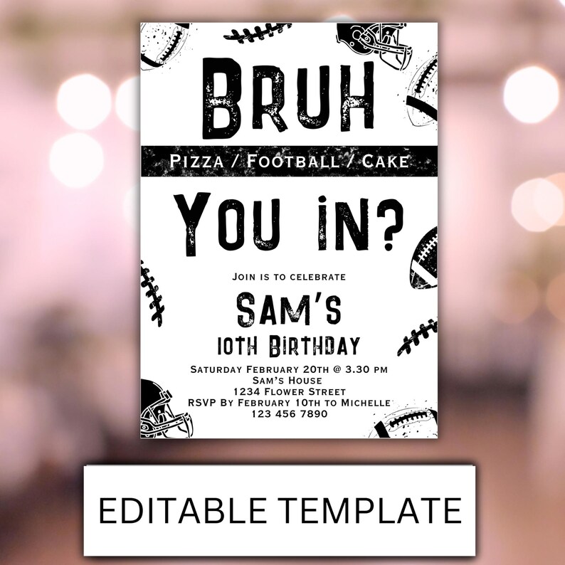 Canva football template
birthdayinvitation
boy basketball invit
sporting party
minimalistic sport
teenage birthday
editable template
sport party invite
bruh invitation boys
boy football Invite
nfl birthday invite
nfl invitation
Tween Sporting
