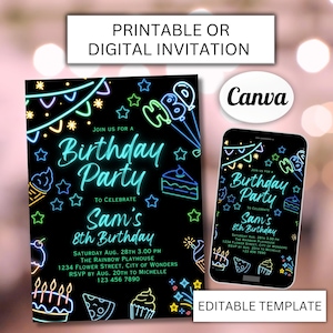 Neonlichten verjaardagsuitnodiging, uitnodiging feest, Glow Party, neonverjaardagsuitnodiging, bewerkbare canvassjabloon, elke leeftijd, aangepaste tekst